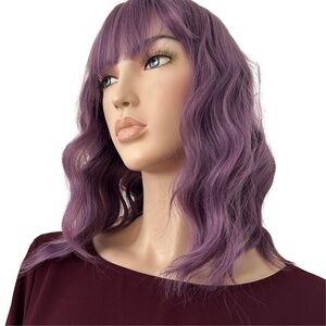 Purple Water Wave Curl Wig Synthetic Bangs 16" Heat Resistant Fibre Lavender